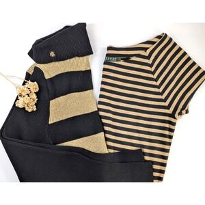 LOT 2🤩Lauren Ralph Lauren LRL Women L SweaterShirt GoldBlack Metallic QuietLuxe